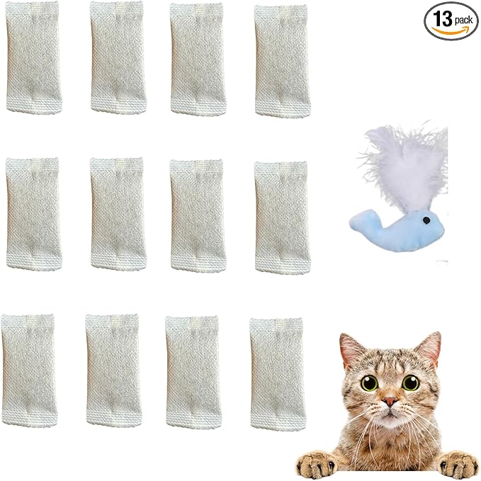 CECE PAW 12 Pack Natural Catnip Pouches for Cat Toys, Non-Woven Fabric Cat nip Refills, Gift Packaging with Catnip Tea Bags and Feather Whale Toy