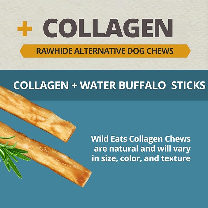 Wild Eats Water Buffalo Collagen Sticks for Dogs (25 Pack, 0.6 cm Wide) Long Lasting Dog Chews, No Hide Dog Treat Bully Stick Alternative, Rawhide Free, Grain Free, High Protein