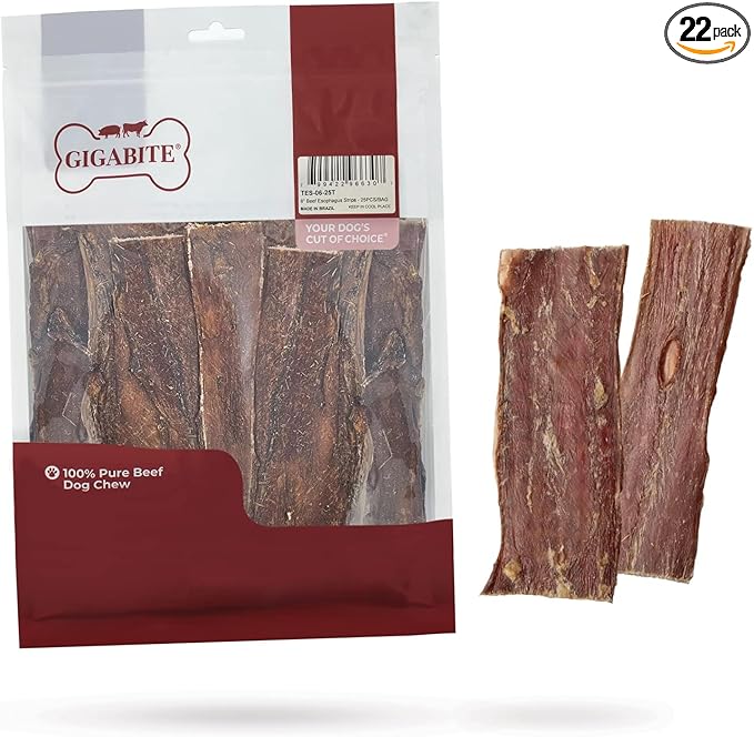GigaBite Beef Esophagus Dog Treats - Natural Gullet Sticks for Dogs, High Protein Single Ingredient Dog Chews, Rawhide Free Dental Dog Treats for All Dog Breeds - Strips (6 Inch), Pack of 22