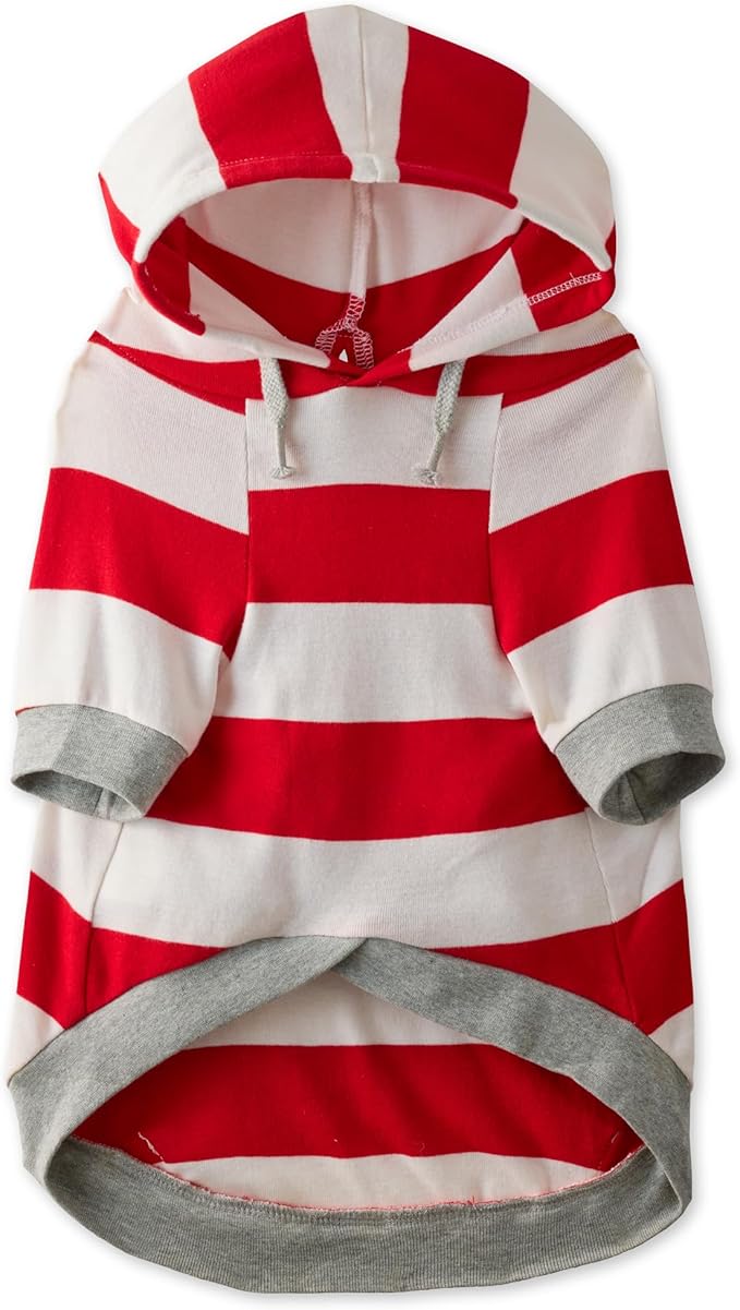 Pet Passion Rocky – The Original Lightweight Hooded Tee 100% Organic Cotton Dog Hoodie Pet Coat Sweater for All Sized Dogs, Red Bold Stripe, XX-Small (4-7 lbs)