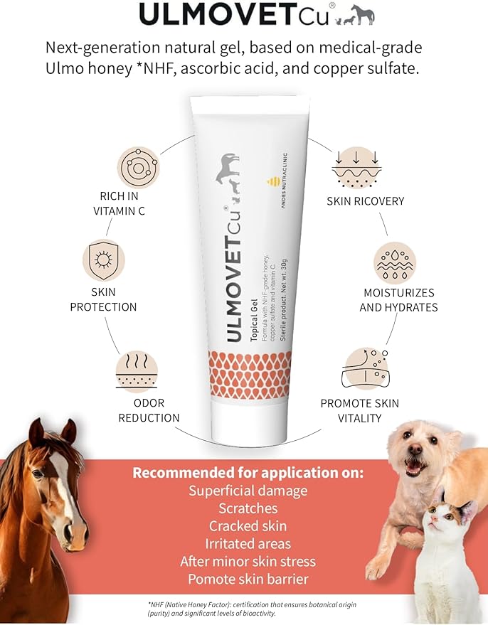 Ulmovet CU Natural Topical Gel for Pets – with Ulmo Honey (Eucryphia Cordifolia), Copper Sulfate & Vitamin C – Gentle Skin Care & Hydration for Pets – 1.06 oz