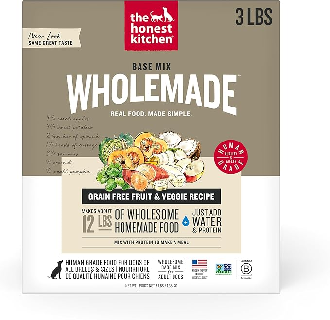 The Honest Kitchen Human Grade Wholemade™ Dehydrated Dog Food, Grain Free Fruit & Veggie Base Mix Dog Food (Just Add Protein), 3 lb Bag