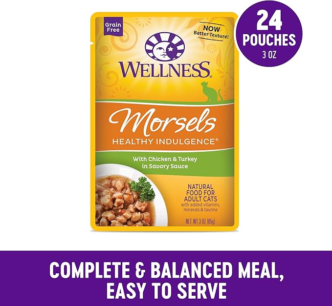 Wellness Healthy Indulgence Morsels Adult Wet Cat Food, Natural, Protein Rich, Grain Free, Chicken and Turkey Recipe, 3 oz, Pack of 24 Pouches