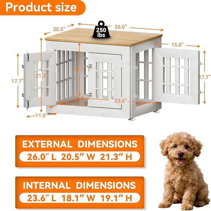 Snuowu 26" Heavy-Duty Dog Crate Furniture for Small/Medium Dogs, Rustic Wooden Dog Cage Kennel Indoor Furniture, Decorative Pet House End Table, White & Wood