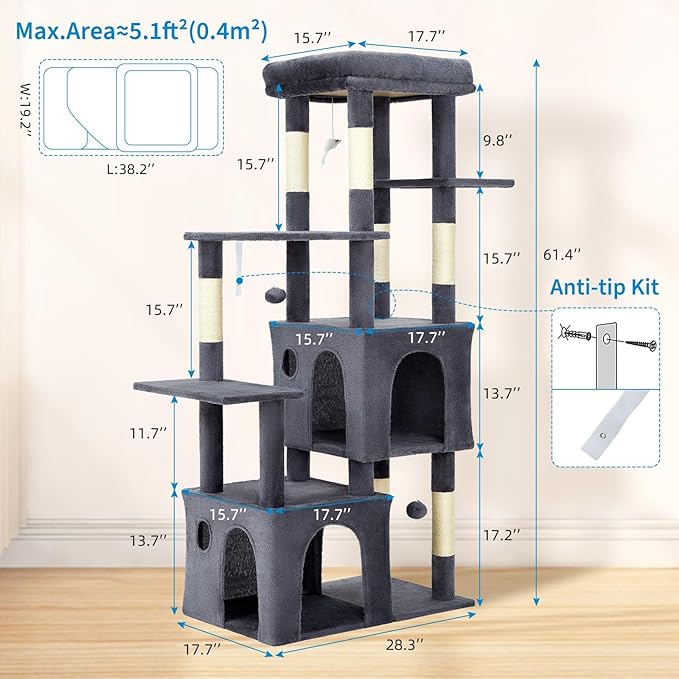 GarveeLife 61" Multi-Level Cat Tree for Indoor Cats, Heavy-Duty Tower for Large Adult & Maine Coon Cats with Oversized Perch, Dual Condos, Natural Sisal Scratching Posts & Play Toys – Dark Gray
