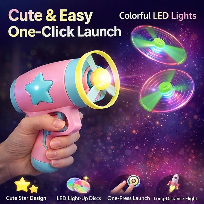 Bamboo Dragonfly Catapult Launcher, Flying Disk Launcher Toy,7 Piece Cat Fetch Toys,Interactive Flying Cat Toy for Pet Exercise & Night Play,with LED Glow (Pink)