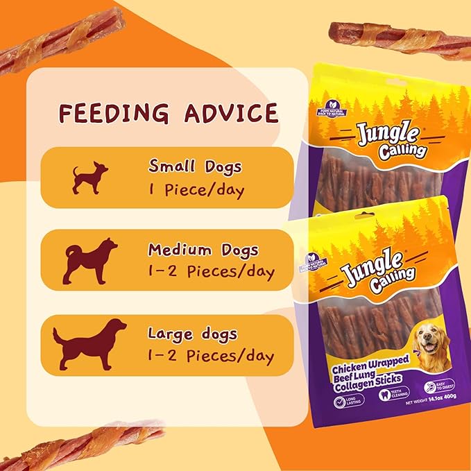 Jungle Calling 22 Count Beef Collagen Sticks, Long Lasting Dog Chews, Chicken Wrapped Treats, Rawhide Alternative for Small Medium Large Dogs, Dental Health, Beef Lung Flavored Bones,14.1 oz