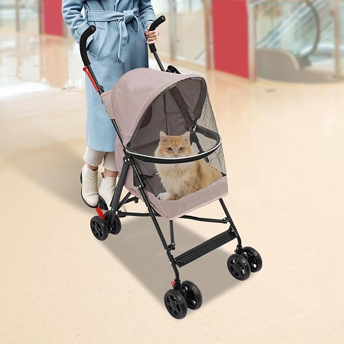 4-Wheel Pet Travel Stroller, Foldable & Lightweight Dog Cat Cage Jogger Stroller, Breathable and Visible Mesh for Small & Medium Dogs & Cats (Up to 22lbs) (Pink)