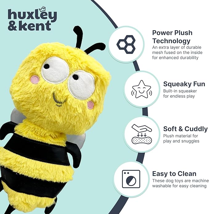 Huxley & Kent Funny Dog Toy w/Squeaker – Power Plush Squeaky Dog Toys for Small, Medium & Large Dogs – Soft Stuffed Animal for Indoor Play & Fetch - Slappies® Buzz Bee, Small