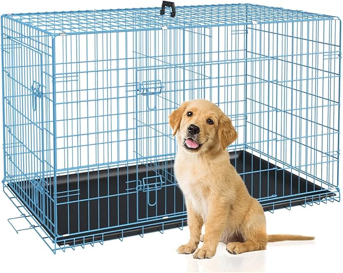 Extra Large Portable Dog Crate - Double-Door Folding Metal Wire Kennel with Removable Tray - Ideal for Medium Sized Dogs, Small Dogs & Travel (Blue, 30")