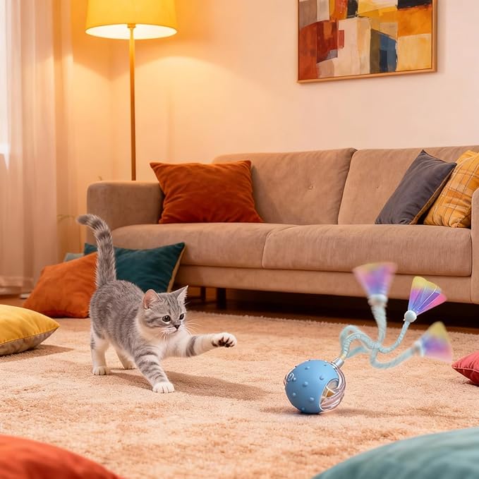 Interactive Cat Toys for Indoor Cats with 3 Interchangeable Tails - Automatic Moving & Chirping Ball, Self Play Toy for Playful Kittens & Bored Cats Home Alone (Yellow)