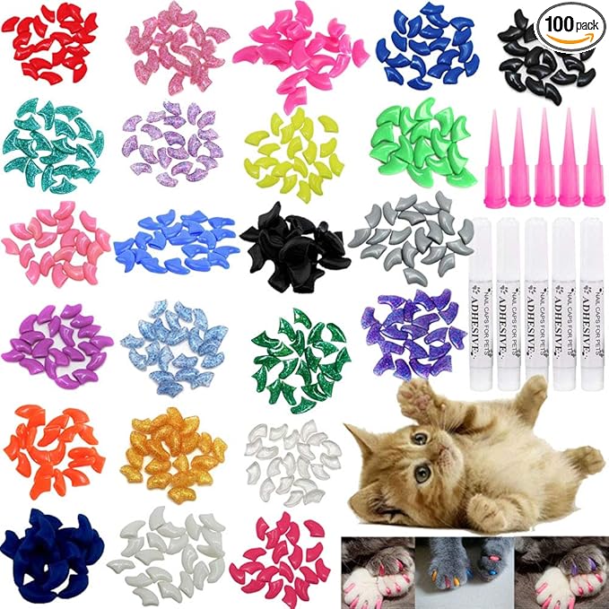 VICTHY Cat Nail Caps, 100pcs Medium Size 5 Colors, with Glue and Applicators, Natural Vinyl Resin, Long-lasting, for Cat Claw Care, Protect Homes and Furniture, Avoid Scratching, Multicolor