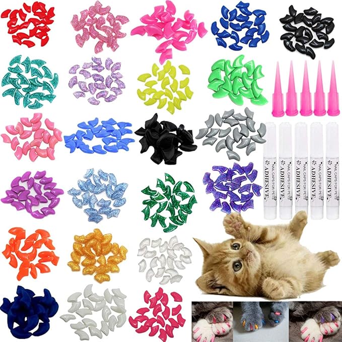 VICTHY Cat Nail Caps, 100pcs Medium Size 5 Colors with Glue and Applicators, Safe for Cat Claw Care, Protect Homes and Furniture, Prevent Scratch Disease, Long-lasting, Skin-friendly