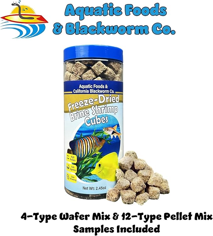 Brine Shrimp, Freeze Dried Floating Brine Cubes for Cichlids, Discus, Tetras, Goldfish, Bettas, Angel Fish, Marines, All Tropicals, Aquatic Turtles 2.45oz Canister