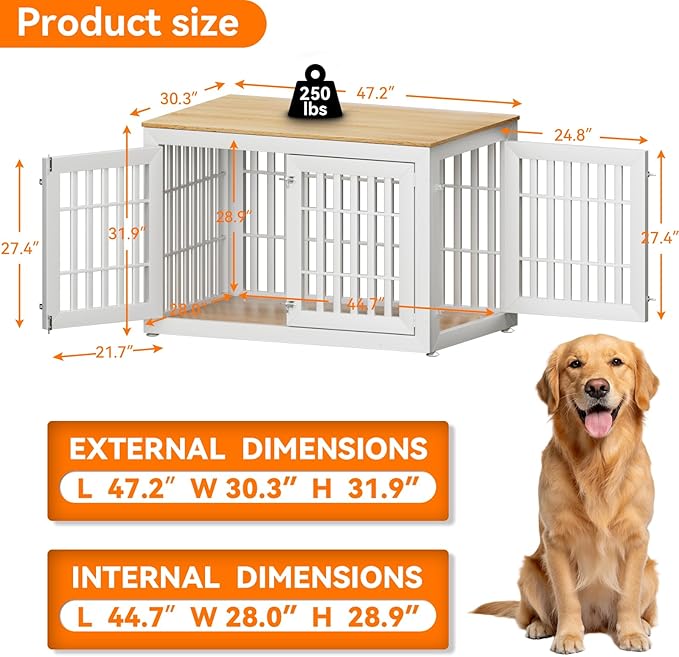 Snuowu 48" Heavy-Duty Dog Crate Furniture for Large Dogs, XXL Wooden Dog Cage Kennel Indoor Furniture, Decorative Pet House End Table, White & Wood
