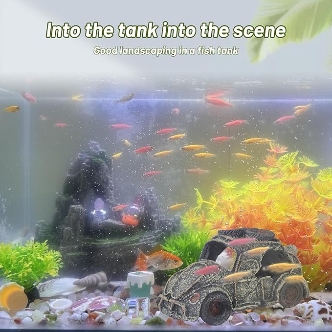 WishLotus Car Wreckage Aquarium Cave Decoration, Resin Fish Tank Decorations Creativity Sinking Car Fish Shelter for Aquatic Pets Hide and Breed (CAR 1)