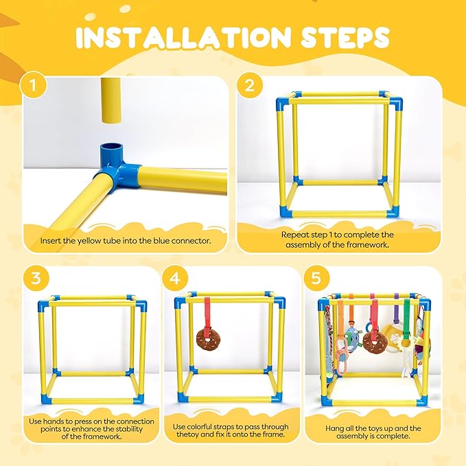 Puppy Play Gym with 10 Hanging Toys, 19.6" Dog Jungle Gym PVC Frame with 10 Interactive Enrichment Toys & Straps for Small Dogs Cats, Indoor Funny Puppy Gym Pet Supplies Essentials