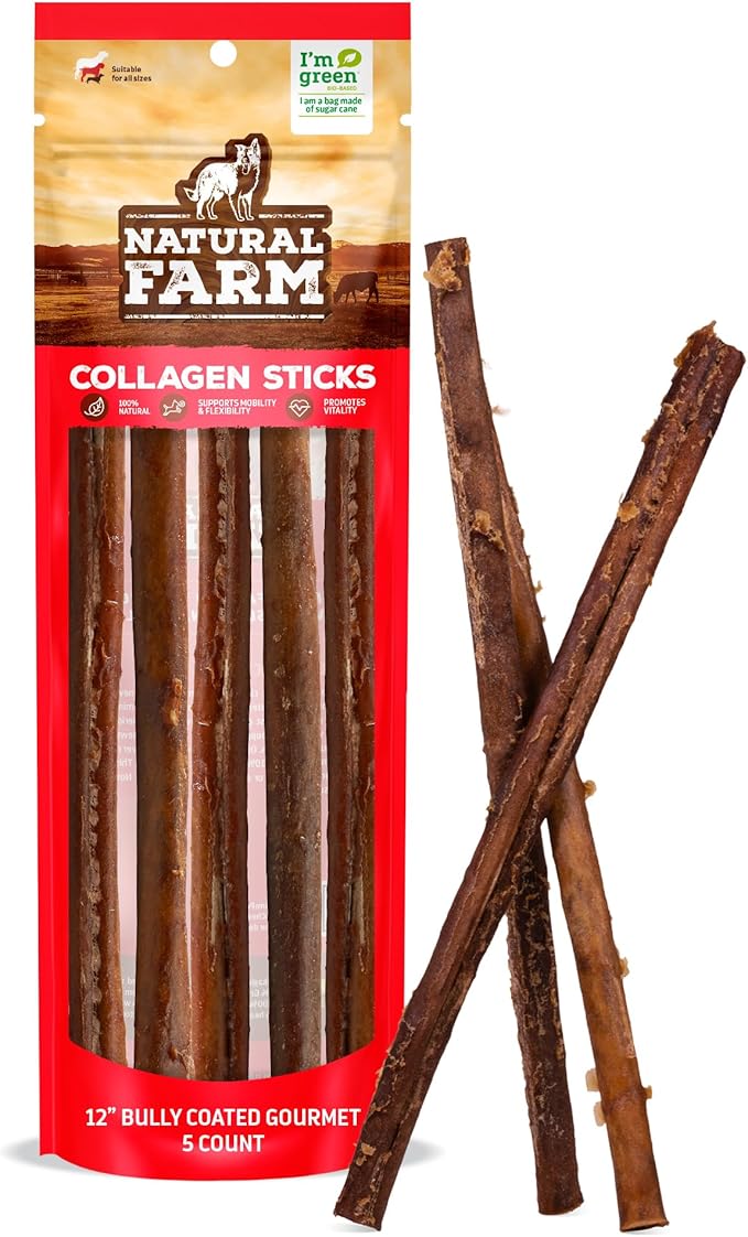 Natural Farm Bully Coated Gourmet Collagen Sticks (12 Inch, 5 Pack), Real Bully Beef Coated, 95% Natural Collagen, Supports Healthy Joints, Skin & Coat - Best for Small & Medium Dogs