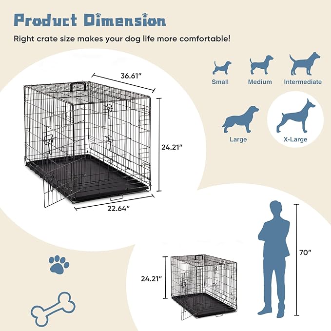 DUMOS Dog Crate, 36 Inch Medium Double Door Dog Cage with Plastic Leak-Proof Pan Tray, Folding Metal Wire Pet Kennel for Indoor, Outdoor, Travel