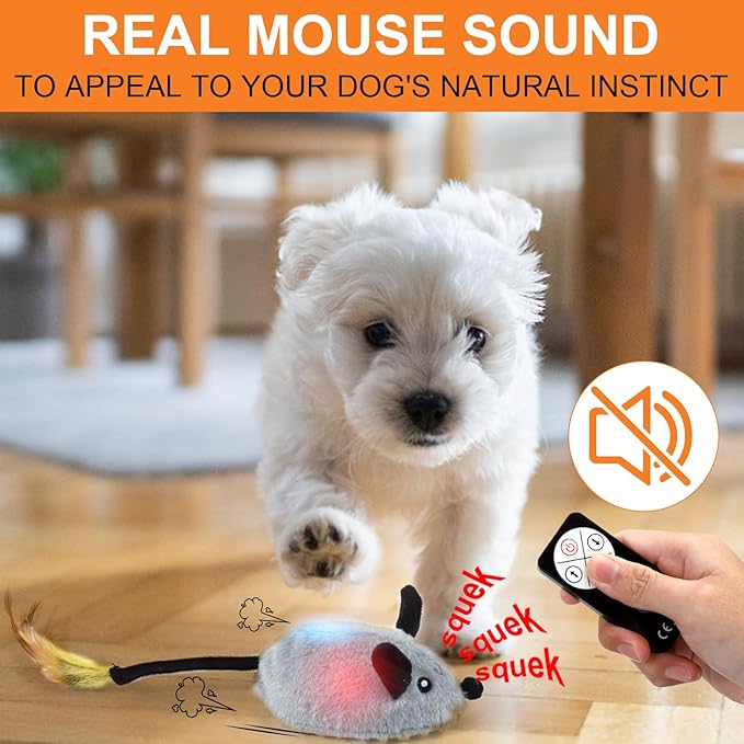 BABORUI Interactive Dog Toys Mouse, Remote Control Escaping Mice Squeaky Dog Toy with Lights & Auto-Turn, Rechargeable Moving Dog Toys for Small/Medium/Large Dogs & Cats(Grey)