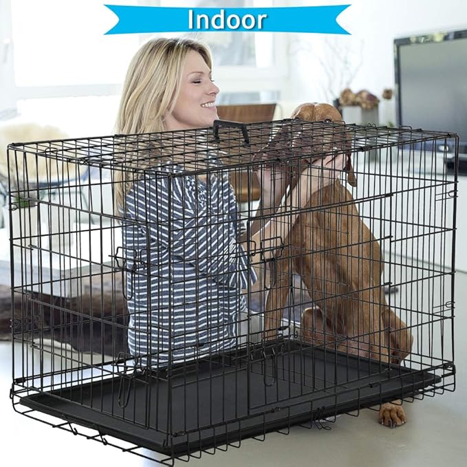 Dog Crate Dog Kennel Cage 42” Portable Foldable Indoor Outdoor Large Double Door Wire Metal Puppy Cat Pet Dog Cage with ABS Tray LC & Divider, Black