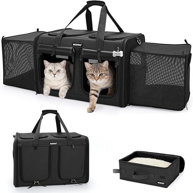 MIDOG 2 Cat Carrier with Litter Box, Expandable Dual Compartment Cat Carrier for 2 Cats, Large Soft Sided Double Pet Carrier for Car Travel, Moving