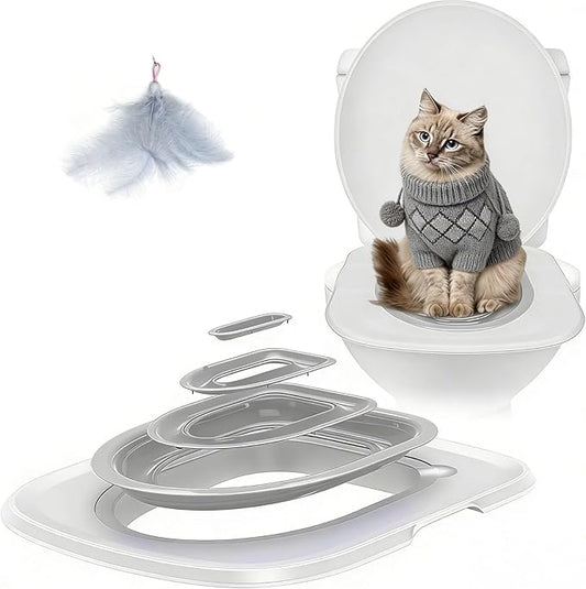 Cat Toilet Training Kit, Reusable Plastic Litter Box Trainer with Replaceable Feather Toy for Indoor Cats (Gray)
