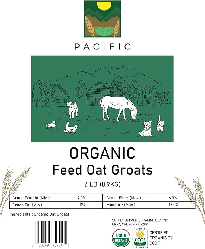 PACIFIC Organic Petfood Organic Feed Oat Groats - Oat Groats for Birds | Rich with Fiber & Minerals | USDA and CCOF Certified | Packed in USA | 2Lbs