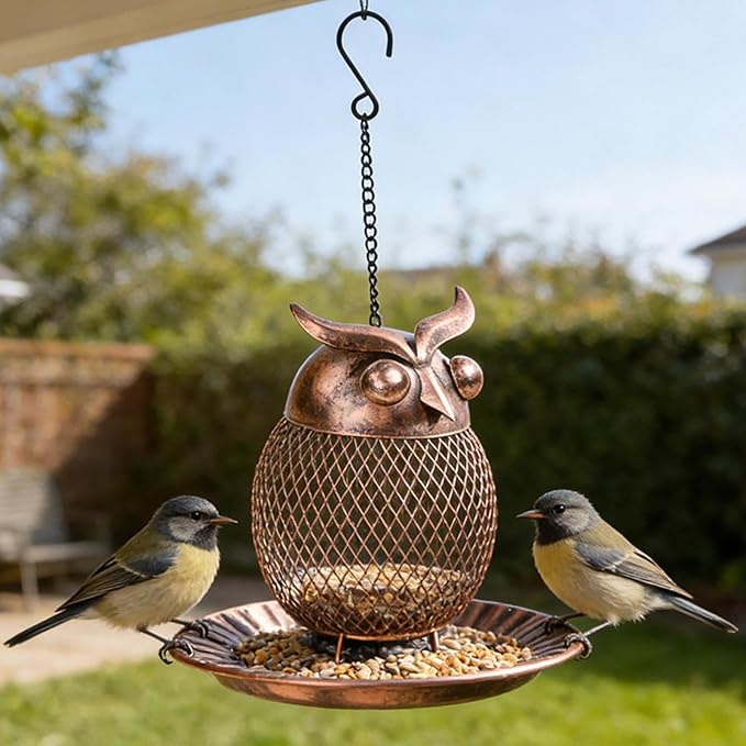 Wild Bird Feeders | Cute Metal Vintage Owl-Shaped Large Capacity Bird Feeder, Squirrel-Proof Design for Finch, Bluebird, Sparrow, and Other Birds, Yard, Deck, Porch, Garden Birding