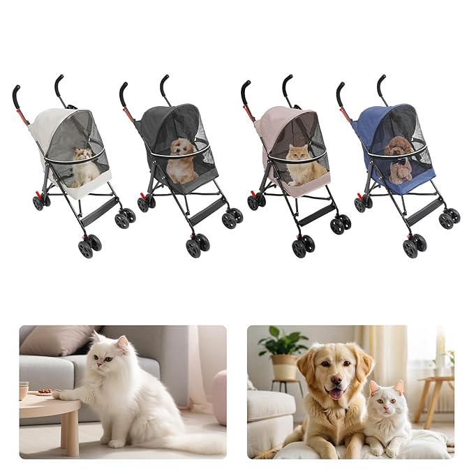 4-Wheel Pet Travel Stroller, Foldable & Lightweight Dog Cat Cage Jogger Stroller, Breathable and Visible Mesh for Small & Medium Dogs & Cats (Up to 22lbs) (Black)