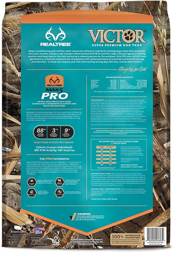 VICTOR Super Premium Dog Food – Realtree MAX-5 PRO High Protein Dry Kibble – Promotes Joint Health with Glucosamine – 30% Protein, Gluten Free for Active & Sporting Adult Dogs, 15lb