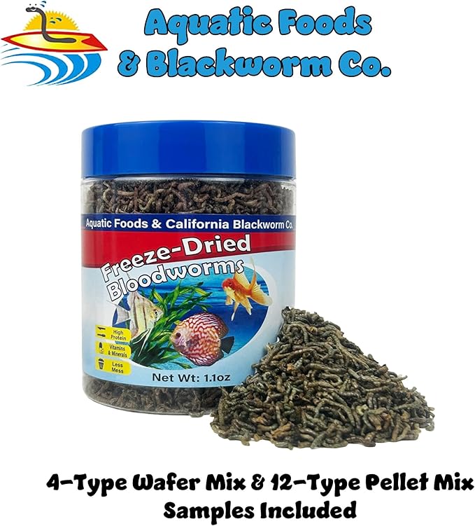 Bloodworms, Grade A Freeze Dried Floating Bloodworms for Cichlids, Discus, Goldfish, Bettas, Angel Fish, Marine Fish, 12-Type Pellet Mix & 4-Type Wafer Mix Included..1.0oz Canister
