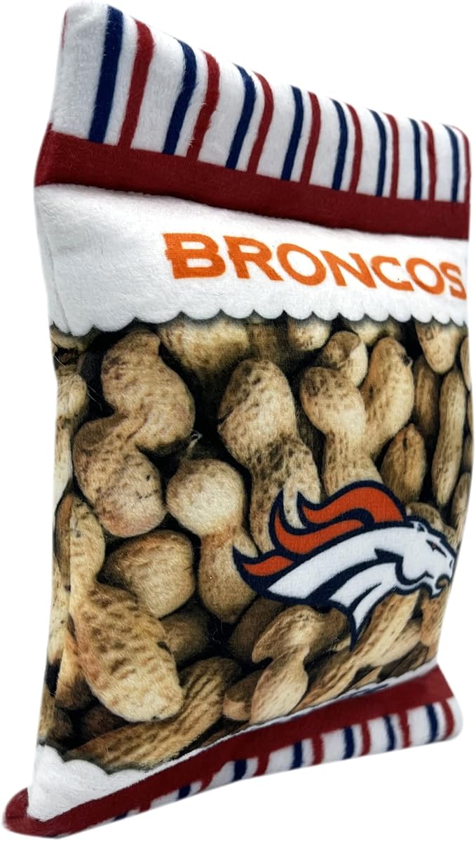 NFL Denver Broncos Crinkle FINE Plush Dog & CAT Squeak Toy - Cutest Stadium Peanuts Snack Plush Toy for Dogs & Cats with Inner Squeaker & Beautiful Baseball Team Name/Logo