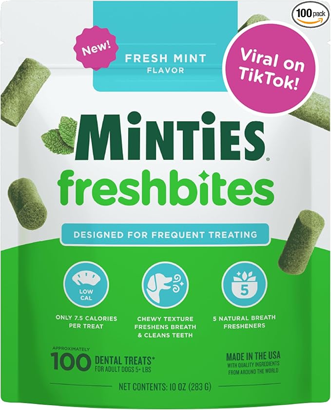 Minties FreshBites Soft and Chewy Dental Treats, Low Calorie Natural Mint Flavored Dental Chews for Dogs, 100 Count, Dog Chews Clean Teeth, Fight Bad Breath, Removes Plaque and Tartar