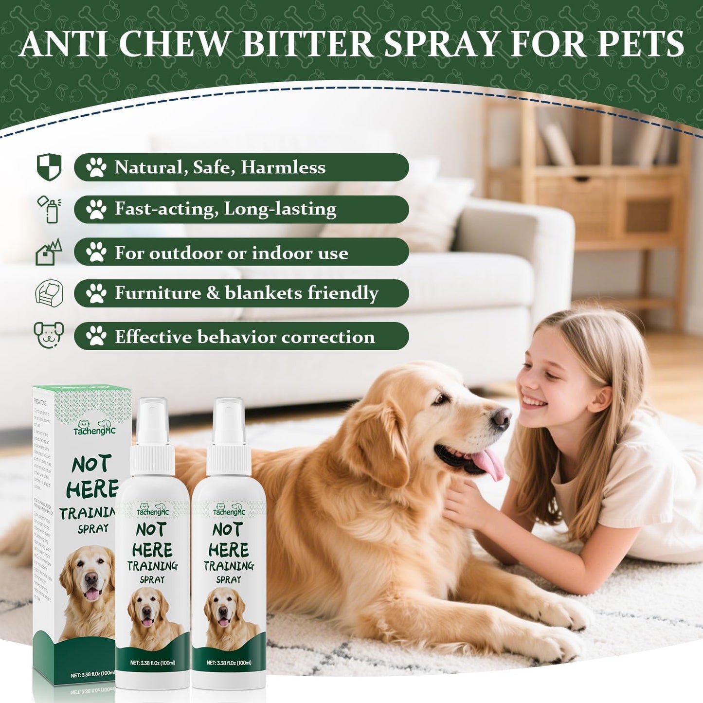 No Chew Spray for Dogs, Bitter Apple Deterrent to Stop Chewing, Licking and Biting on Furniture, Shoes and Plants, Alcohol Free Puppy Training Aid for Indoor and Outdoor Use, 2 Pack 100 ml