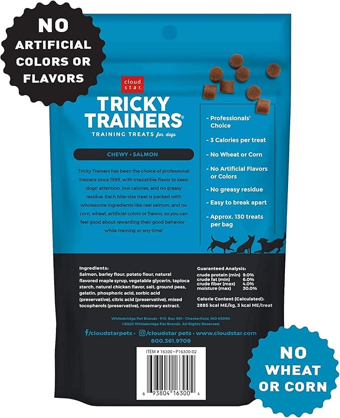 Cloud Star Tricky Trainers Grain-Free Variety Pack – Four Total Flavors: Peanut Butter, Liver, Cheese, and Salmon Plus Pet Paws Notepad (5oz Each, 20oz Total)