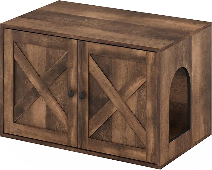 Furinno PELI Cat Litter Box Enclosure, Farmhouse Hidden Litter Box Furniture with Side Entrance, Wooden Pet House with 2 Slatted Doors, Easy Assembly, for Living Room, Rustic Brown