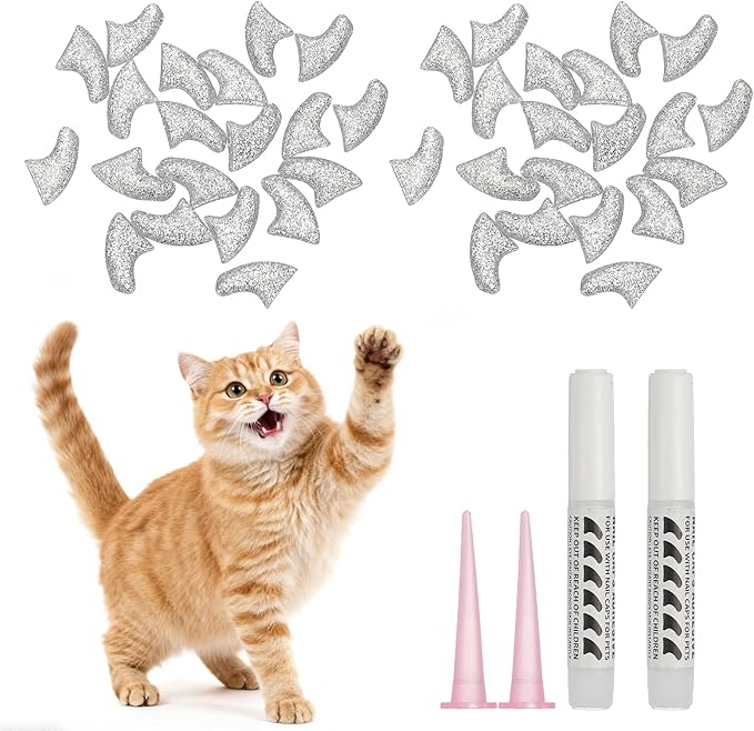 Cat Nail Caps, Cat Claw Covers with Adhesive Glue and Applicators, Kitten Claw Caps Soft Paws, (40 Pcs, M, Crystal Silver), Intended for Pet Tips/Nail Covers/Control Paws