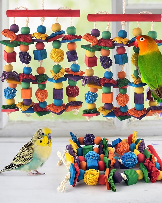DBNESS Bird Toys, 3PCS Parrot Foraging Hanging Toy, Multicolored Natural Wooden Blocks Parakeet Chewing Toys mit Rattan Wicker Balls, for Medium Small Cockatoos Budgie Lovebird Cockatiel Conure