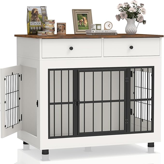 40 inch Dog Crate Furniture-Farmhouse Dog Kennel with Drawers-Heavy Duty End Table Wooden Pet Crate, Decorative Dog House Indoor for Small Medium Large Dog, White