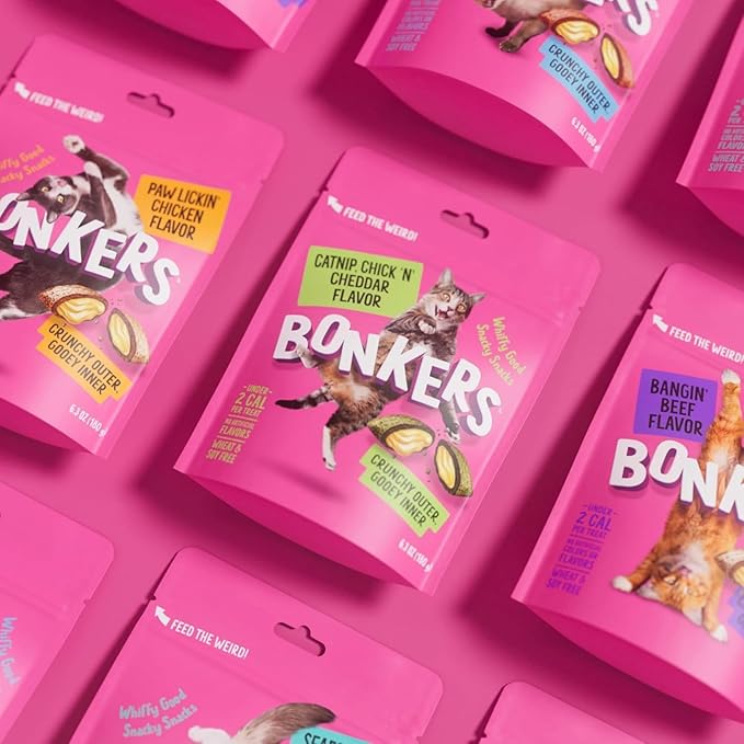 Bonkers Bites, Catnip and Chick 'N' Cheddar Flavor, Crunchy and Soft Texture Snacks, Low Calorie Healthy Treats, No Artificial Flavors, Perfect for Playtime Training Rewards, 2 Pack of 16 oz Tub