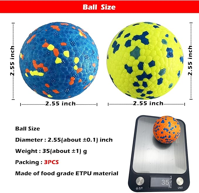 3Pack Dog Ball Toys Indestructible Float On Water Fetch Bouncy Durable Solid Rubber Ball for Puppy Small and Medium Dogs Playing Toys (3Pcs-2.55'')