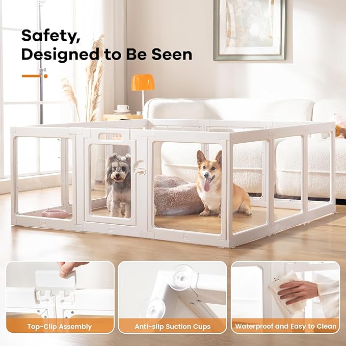 Clear Acrylic Dog Playpen Indoor, Puppy Cat Small Pet Play Pen, Pet Cat Playpen for Rabbits, Dog Fence Crate Kennel Whelping Cage (White, Door + Panel)