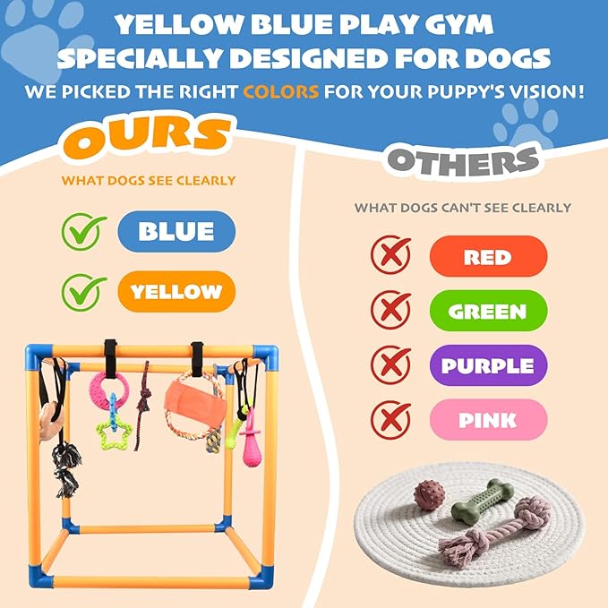 Puppy Play Gym with 10 Hanging Toys, 19.5" PVC Removable Dog Enrichment Playground, Interactive Indoor Training Activity Center for Small Dogs & Puppies with Rubber/Teething/Rope/Squeaky Toys