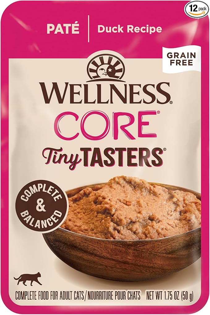 Wellness CORE Tiny Tasters Pate Adult Wet Cat Food, Natural, Protein Rich, Grain Free, Duck Recipe, 1.75 oz, Pack of 12 Pouches