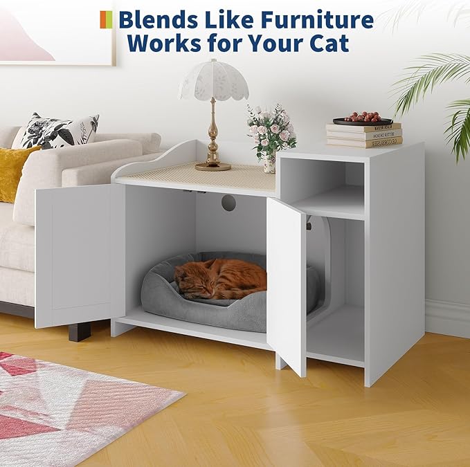 Garvee Cat Litter Box Enclosure Furniture Wooden Hidden Litter Box Cabinet with Vent Door Left Side Storage Drawer Shelf Small Storage Cabinet Raised Legs Top Protectors