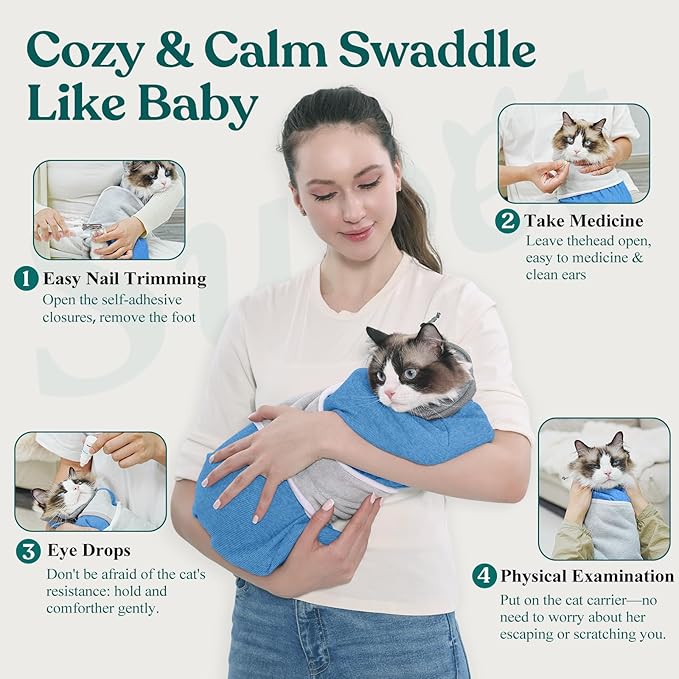 Supet Cat Grooming Wrap for Cutting Nails, Self-Adhesive Anti-Scratch Swaddle with Bite-Proof Mesh Hood & Thick Waist Strap Anti-Escape Bag for Nail Trimming, Medication, Ear Cleaning (Blue S)