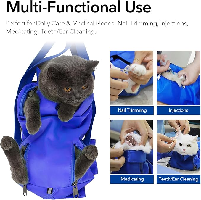 Pet Grooming Bag for Nail Trimming & Anti-Scratching – Restraint Cat/Dog for Claw Care, Medical Exams, 17" L x 10" W, Fits 8-12 lbs (Blue, Medium)
