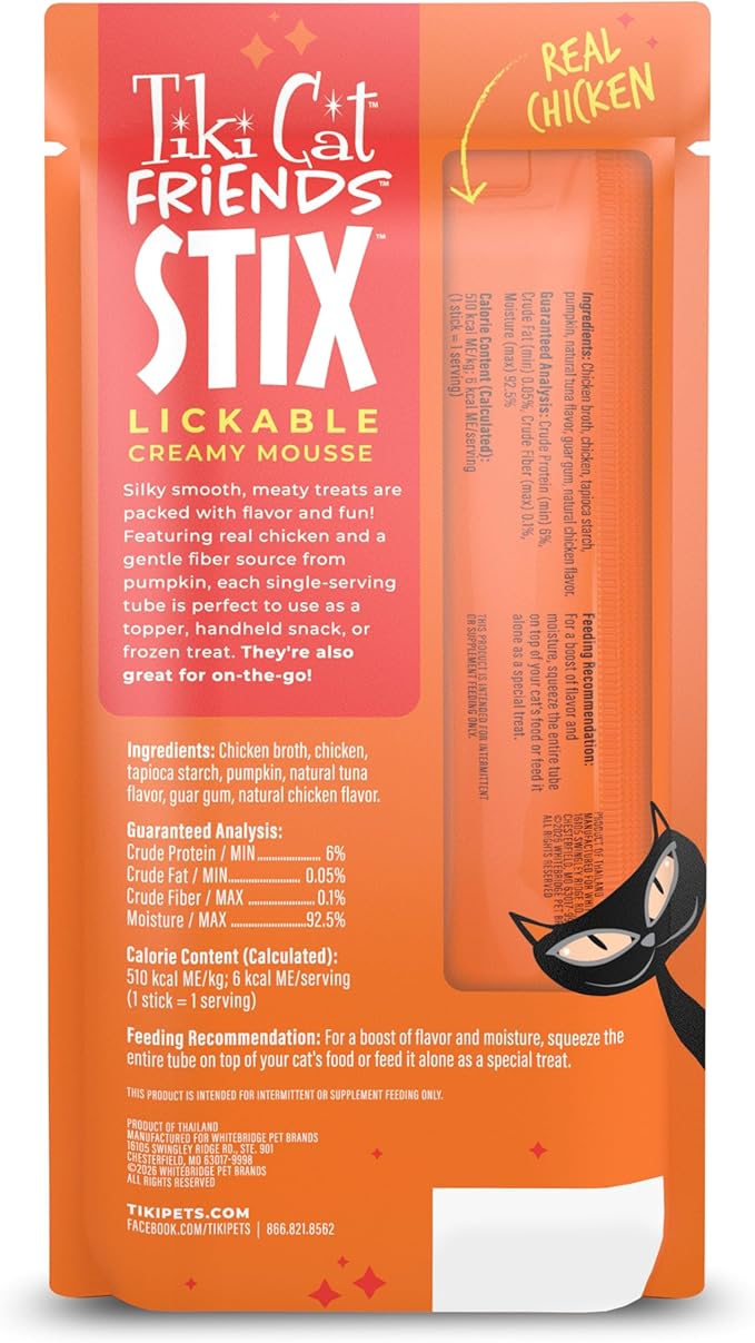 Tiki Cat Friends Stix Mousse Treats, Single Serve Lickable Treat or Dry Food Topper, with Chicken & Pumpkin in Gravy, 1.6 oz. Pouch