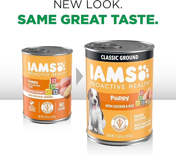 IAMS Proactive Health Puppy Wet Dog Food, Classic Ground Dog Wet Food, with Chicken and Rice, 13 oz. Cans 12 Count (Pack of 2)